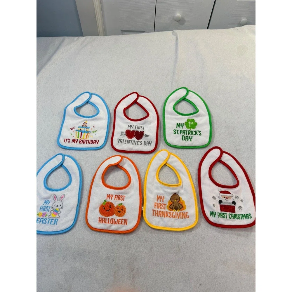 Set of 7 My First Holiday Baby Bibs Christmas Halloween Easter Birthday Unisex